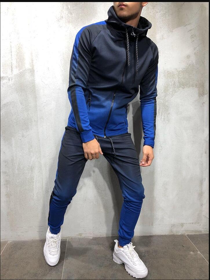 Ensemble de survêtement pour hommes homme Jogging costume décontracté Colorblock rayure Sweat costumes gris vêtements de sport printemps automne hommes ensembles vêtements de sport: Bleu / XXL