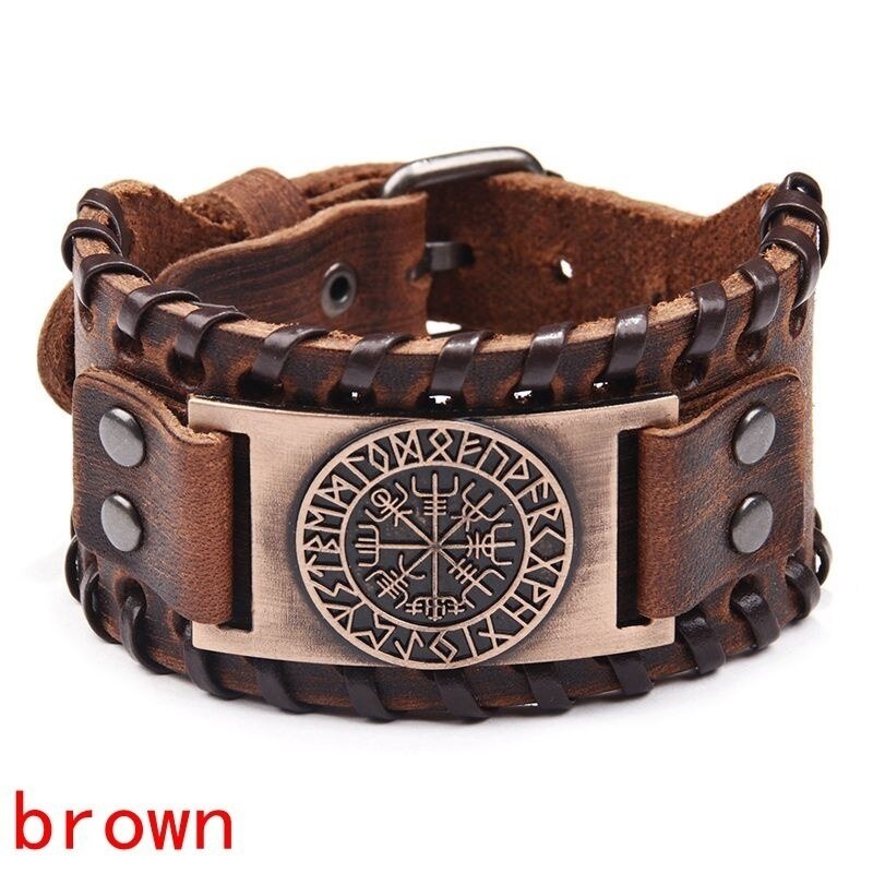 Retro Brede Leren Piraat Kompas Armband Mannen Armband Keltische Viking Sieraden Kompas Armband Accessoires Party: brown