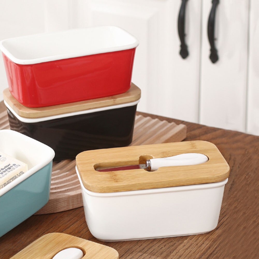 Butter Sealing Box Ceramic Butter Plate with Wood Lid and Knife Cheese Storage Tray Butter Dish Container Box