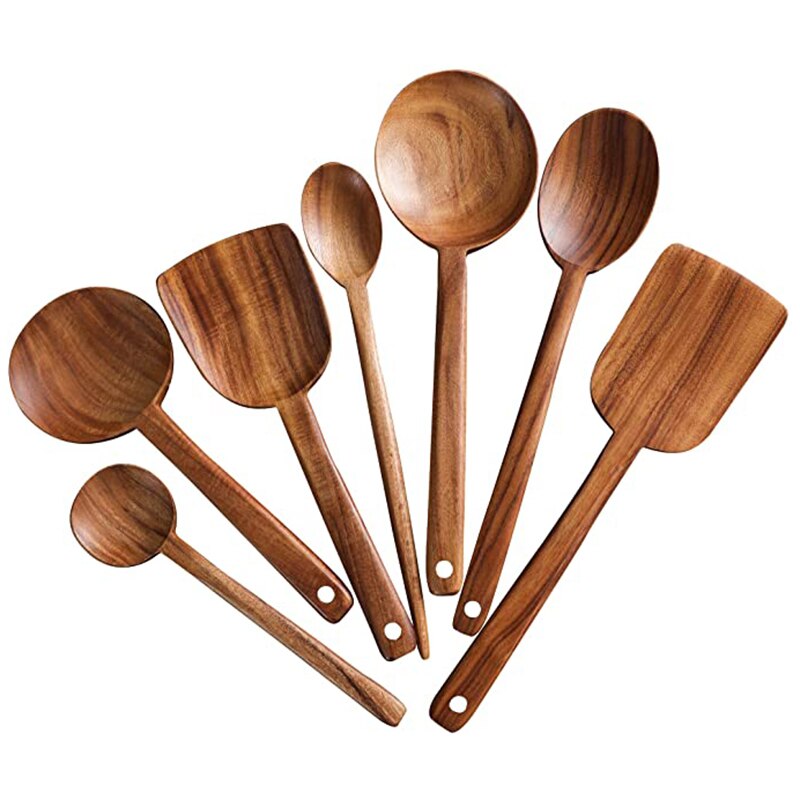 -7Pcs Long Handle Wooden Cooking Utensil Set Non-Stick Pan Kitchen Tool Wooden Cooking Spoons and Spatulas