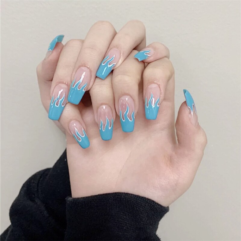 Faux-ongles européens, décoration artistique, flamme, bleu, violet, motif feu, couverture complète, pour décoration pour les ongles, nouveauté