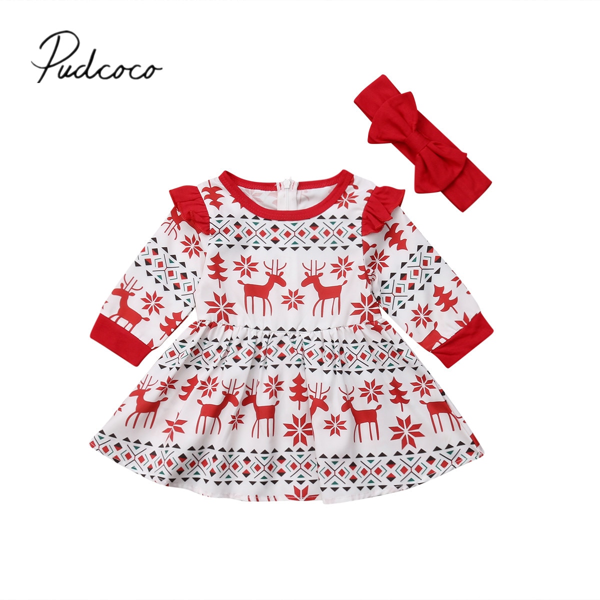 Pudcoco Baby Flicka Julklänning Prinsessa Set 2ST Volang Långärmad Tecknad Rådjur Tomte Klänning+Hårband