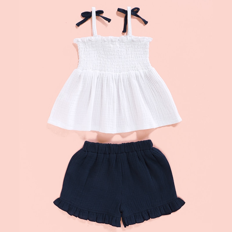Free Shiping Baby Girl Clothes Set Solid White Vest Top Dark Blue Ruffles Shorts Set Toddler Girl Outfits Kids Girls Summer Set