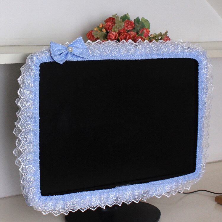 Lace Fabric Computer Frame Cover Monitor Screen Dust Cover With Elastic Pen Pocket Bow Home Decorations: Blue / 17-22 inches