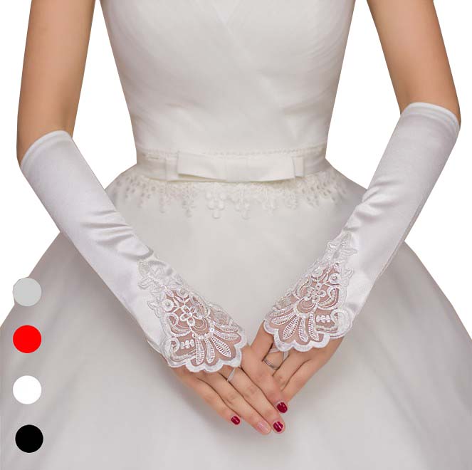Guantes Blancos sin dedos para mujer, accesorio de encaje con abalorios, satén, para de graduación y boda, 1 par
