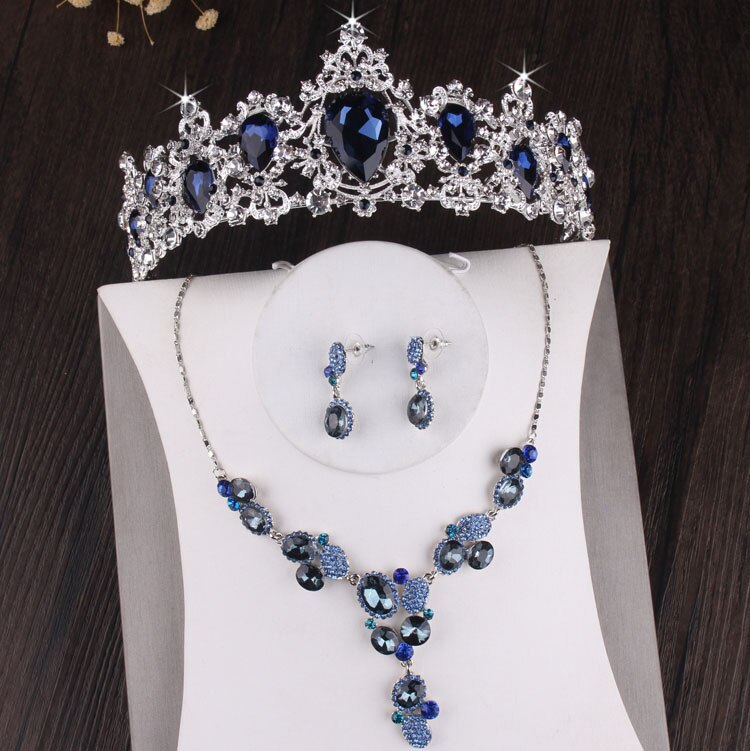 Conjunto de joyería nupcial de cristal para boda, collar, pendientes, Tiara, corona, cuentas africanas, color azul plateado, barroco, lujoso: 3Pcs Jewelry Set