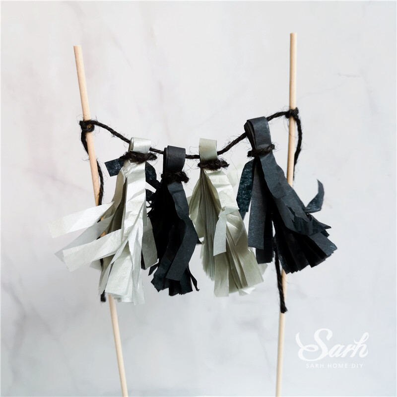 Panda bamboo Cake Topper Happy Birthday Turtle leaf Clay Decoration for Children's Boy Girl Party Supplies Baking Lovely: Black gray tassel