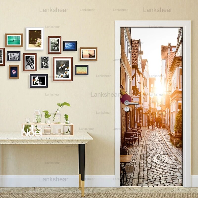 Literary Door Sticker Sunset Street Scenery Door Decoration Mural Wallpaper Waterproof Pvc Self-Adhesive Wall Art Home: 95x215cm