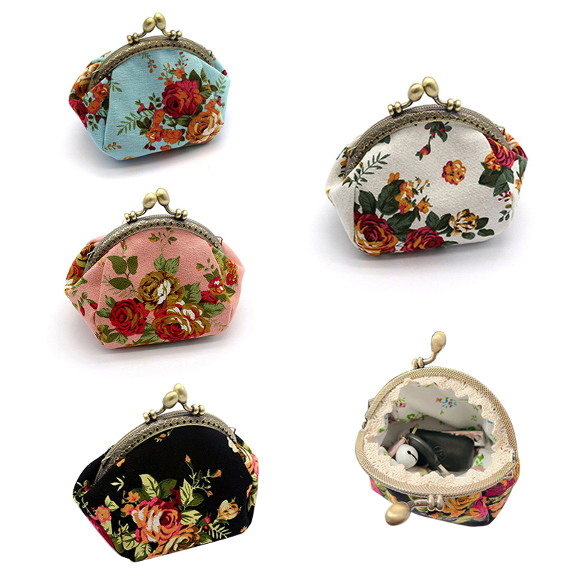 Women's vintage rose print canvas coin purse, kiss lock clip fabric purse card bag storage bag