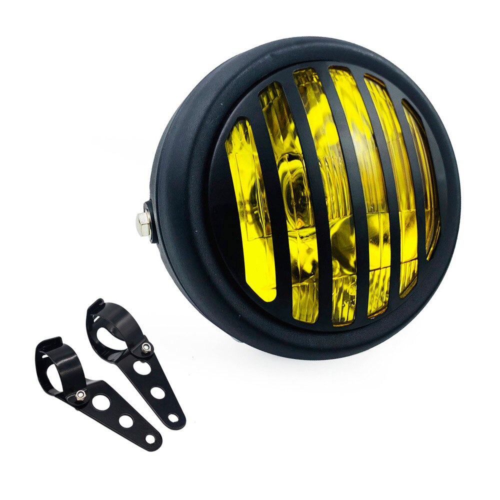 Phare LED rond avec supports pour motos, pour Chopper/Bobber/Cafe Racer/vélos de tourisme, 12V: Yellow and Bracktes