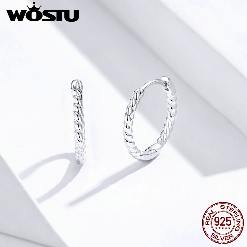 WOSTU Genuine 925 Sterling Silver Circle Hoop Earrings Weaving Geometry OL Style Big Earrings For Women Unique Jewelry CQE841