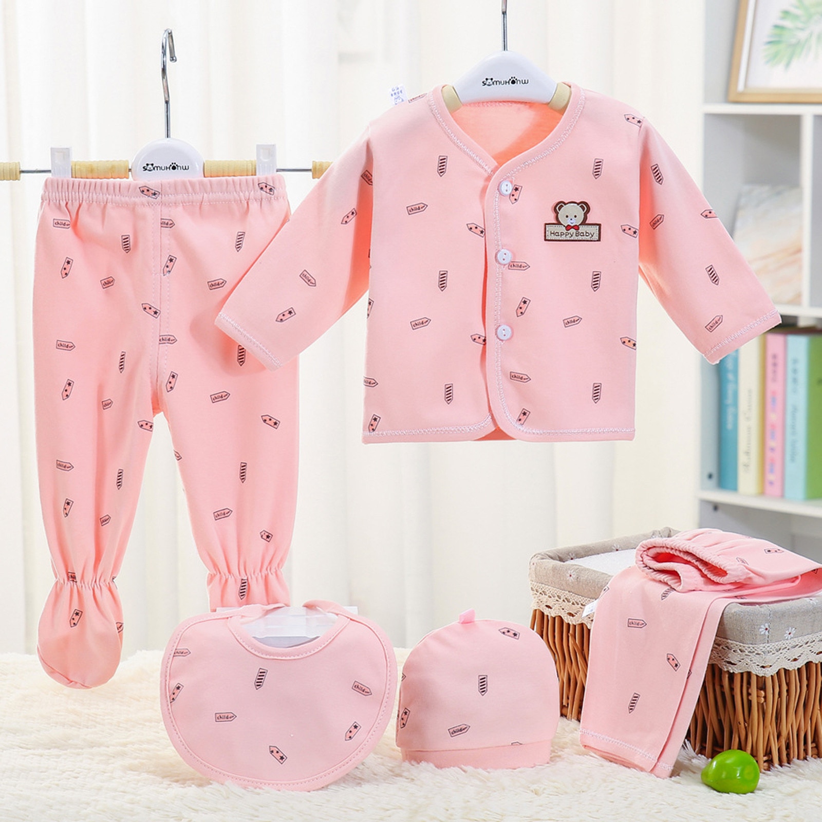 5Pcs Baby Kleding Set Baby Jongens Meisjes Cartoon Gedrukt Met Lange Mouwen Tops + Hoed + Broek + Bib Outfits set Pasgeboren Nachtkleding Ropa De Baby