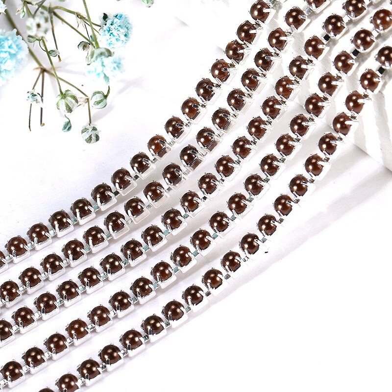 2Mm Crystal Pearl Rhinestone Chain Silver Base Cup Parel Ketting Voor Naaien Diy Kledingstuk Accessoires Trim: 2mm-1 yard / Coffee