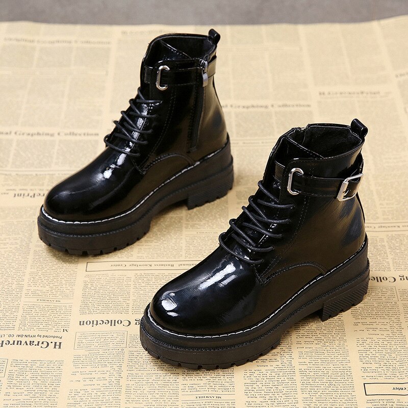 Dames platform schoenen punk zwarte gothic enkellaarsjes dames platform wedge veter motorlaarzen: Zwart met bont / 7