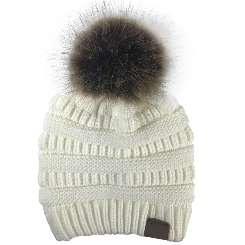 Femmes hiver tricot Slouchy bonnet chapeau crâne casquette de Ski fausse fourrure Pom Pom chapeaux pour les femmes