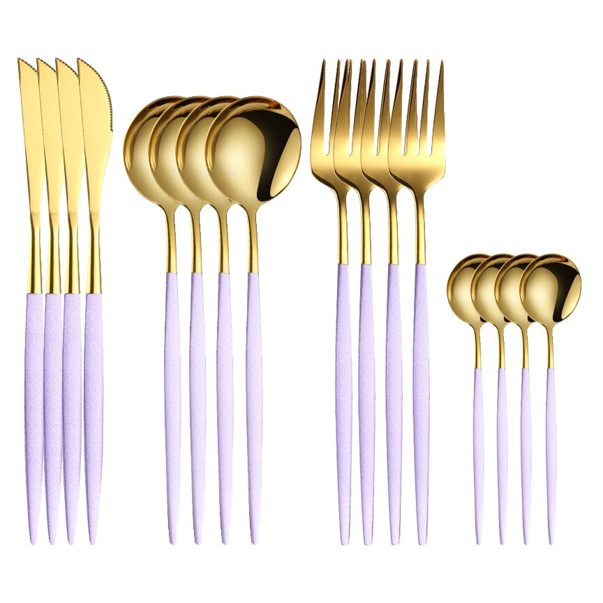 Couverts en acier inoxydable 18/10, 16 pièces, violet et or, fourchette, couteau, cuillère, vaisselle de table, argenterie: Purple Gold