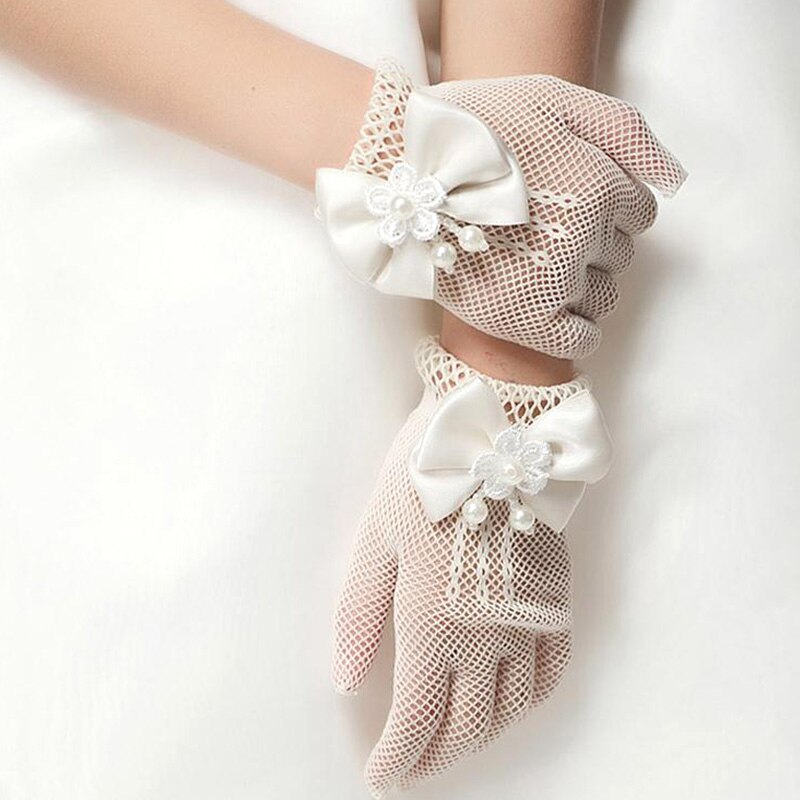 Girls Lace Pearl Gloves Kids Mesh Bow Party Gloves Supplies Birthday Ceremony Coronation Princess Accessories Mittens