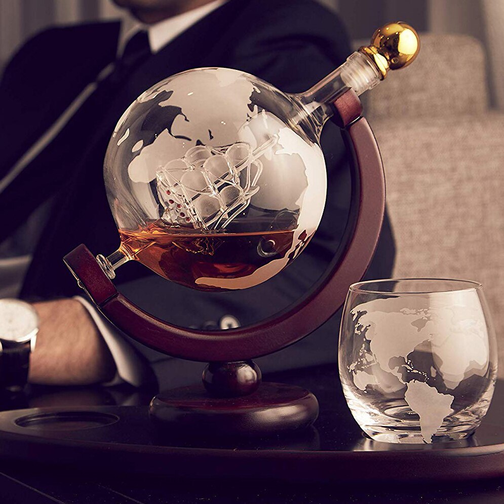 Nancihui Whisky Karaf Set Crystal Glas Wijn Glas Globe Wijn Fles Wereldkaart Patroon Indoor Kantoor Decoratie