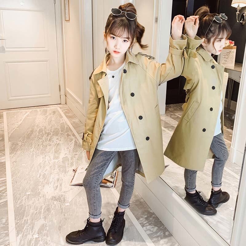 Gabardina larga para niña, chaqueta de Color sólido, abrigos de estilo informal para niño, ropa de abrigo para niño 6 8 10 12 14: 14
