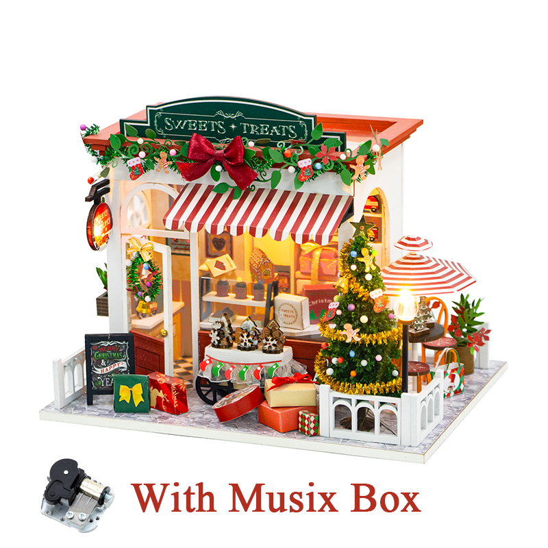 Diy Houten Poppenhuizen Kerst Dessert Winkel Casa Miniatuur Model Kit Villa Poppenhuis Met Meubels Led Licht Voor Vrienden Cadeau: Paars