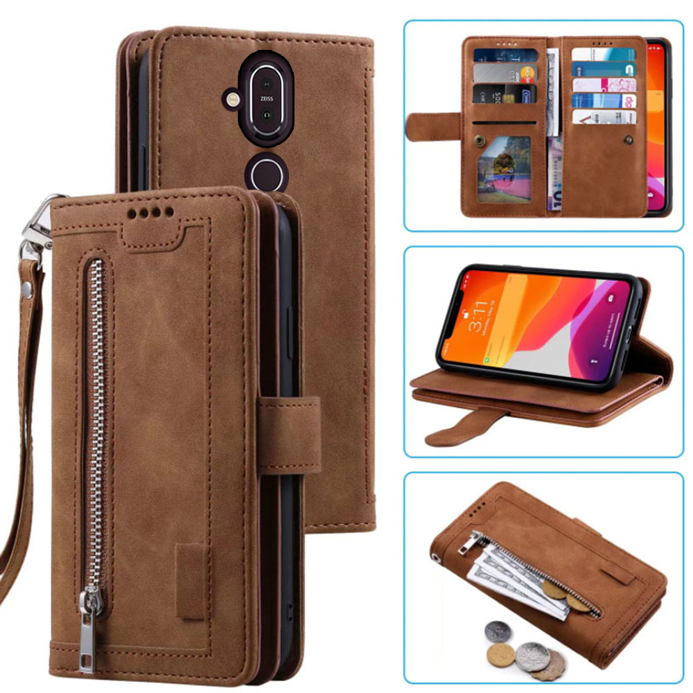 9 Cards Wallet Case For NOKIA 7.1 PLUS Case Card Slot Zipper Flip Folio with Wrist Strap Carnival For NOKIA X7 8.1 Cover