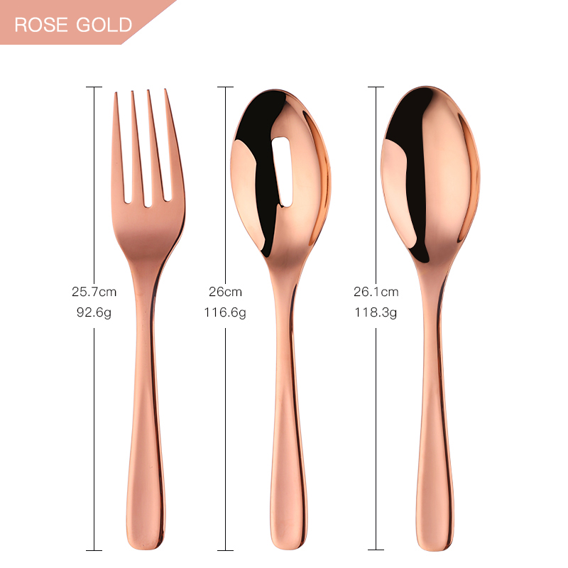 3Pcs/set 18/8 Stainless Steel Gold Flatware Big Size Long Handle Serving Salad Spoon/Fork/Colander Salad Set Kitchen Utensils: rose gold