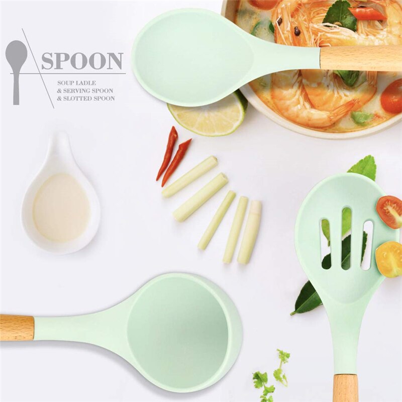 Silicone Cooking Utenils Spatula Spoon Kitchen set Wooden Handle Silicone Kitchenware Set on-Stick Cooker Cooking Spoon