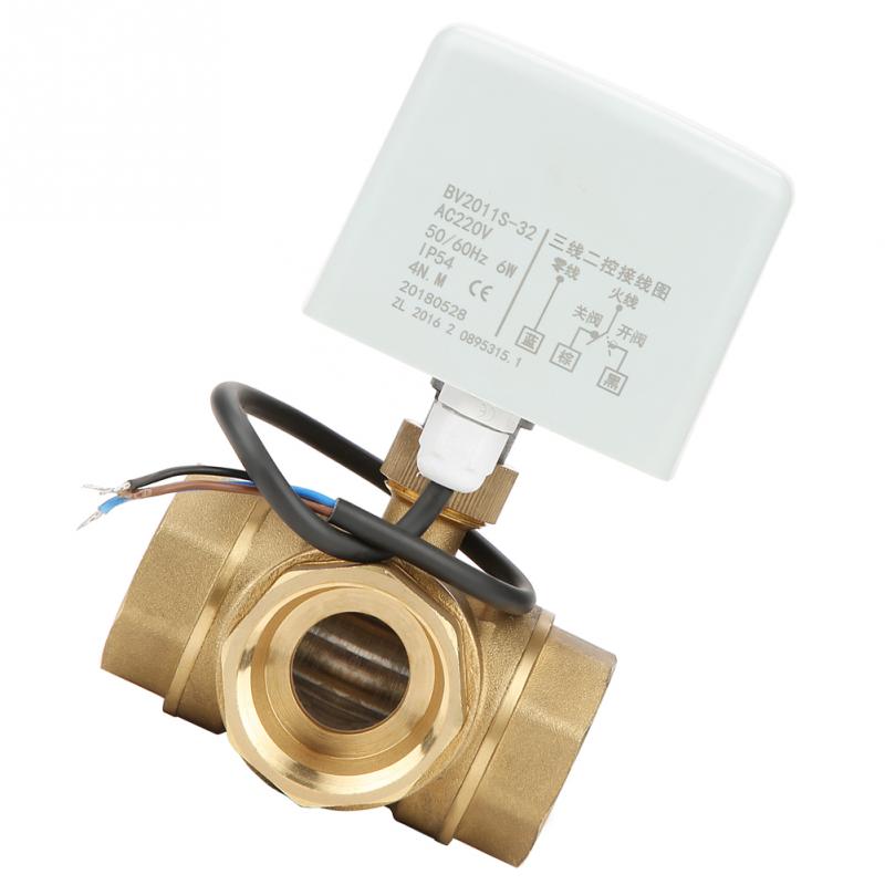 DN32 Ball Valve G1-1/4 Brass 3 Way Motorized Ball Electrical Valve for Air Conditioner AC220V actuator de-energize valve