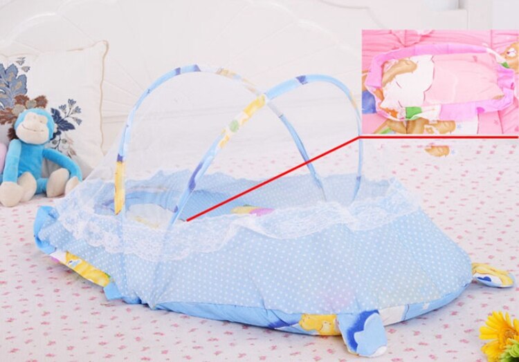 Baby Crib With Mosquito Netting Cute Dot Lace Portable Baby Bed 100*55cm Kids Bedding Folding Baby Crib With Pillow Cot Kawaii: Sky Blue