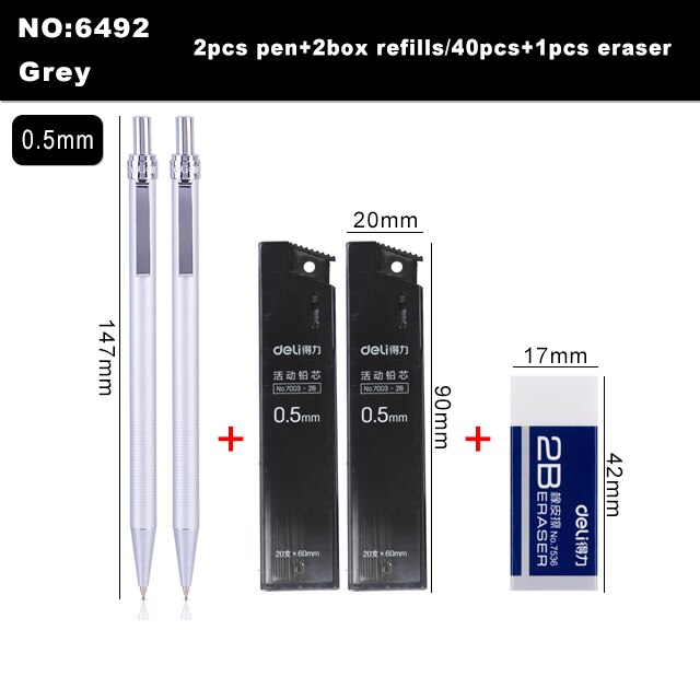 Deli Metal Mechanical Pencil 0.5 0.7mm Lead 2B Drawing Writing Activity Pencils For Artist School And Office Stationeries: 6492-Grey-0.5mm