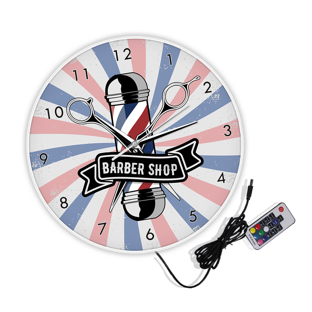 Barber Shop Pole Business Sign Metal Frame Wall Clock Hairdresser Pole Cutting Hair Store Advertisement Wall Art Hanging Watch
