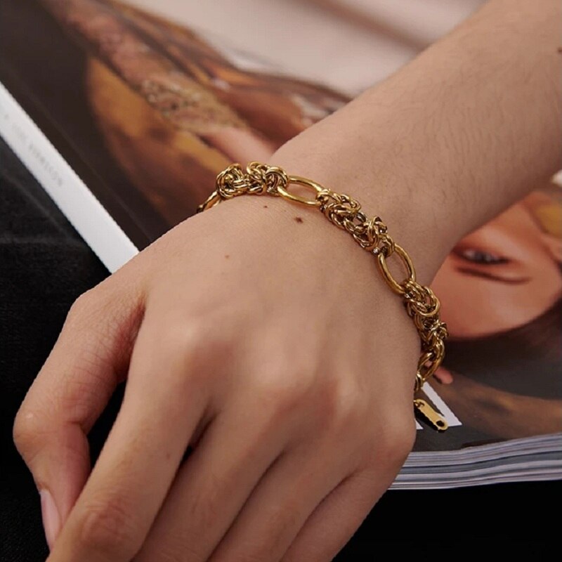 Pulsera Bizantina de acero inoxidable 100% para mujer, brazalete de quilla chapado en oro, joyería de etiqueta Simple y estética, Idea de perfecta, dorado