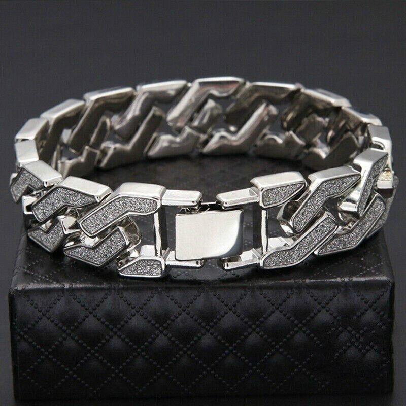 Men's Heavy Solid Alloy Curb Chain Bracelet Sand Blast BangleMen Hip Hop Rock Bracelet Jewelry Wrist Chain Bangle: GMSP1403-Silver