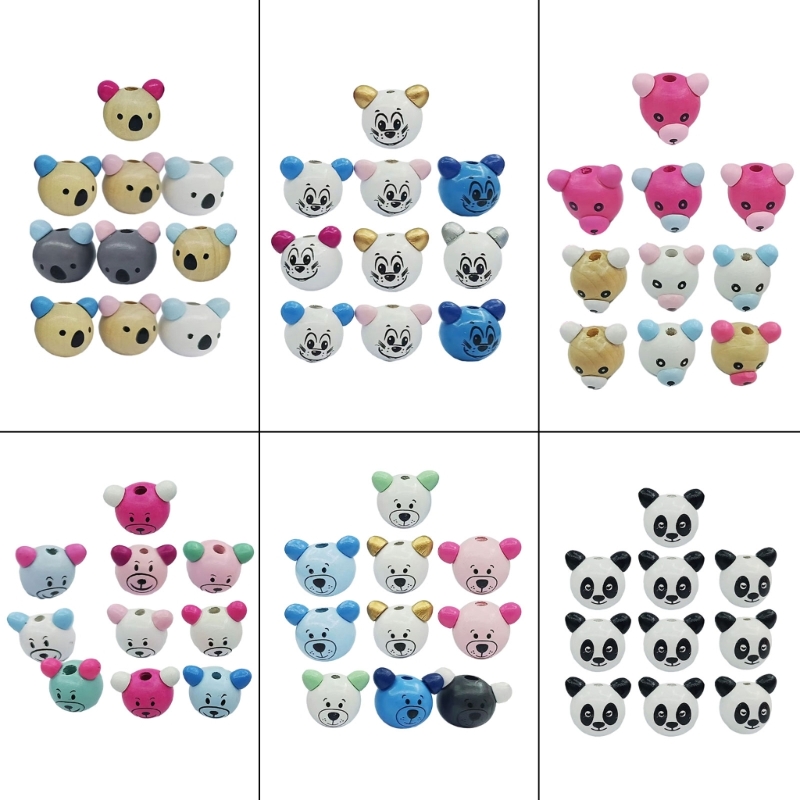 10pcs Wooden Beads with Adorable Animal Faces Durable Besds for Craft Supplies