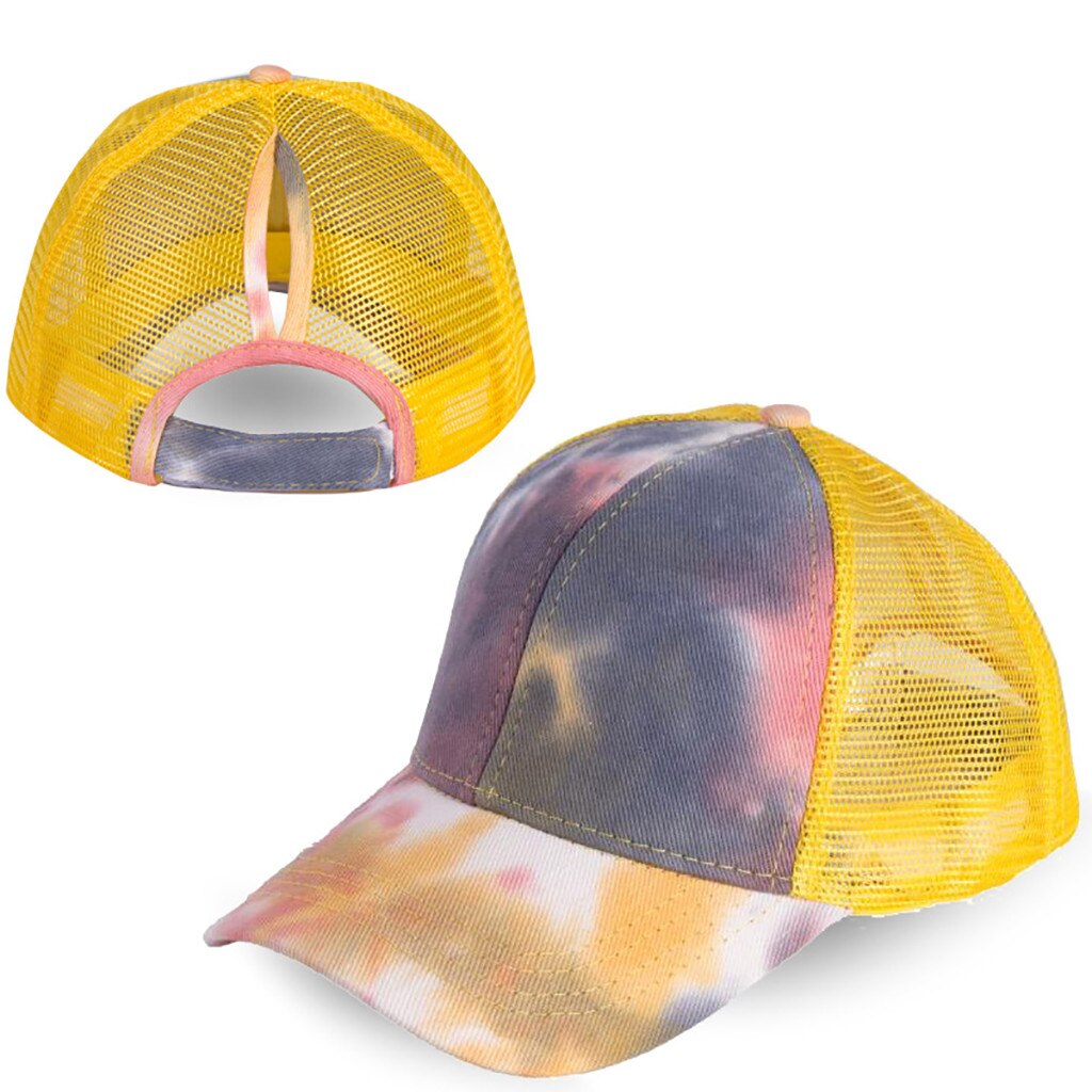 Tie-dye Baseball Cap Unisex Hat Outdoor Sports Shade Baseball Cap Woman Beanie Size Adjustable Ponytail Caps #3: YELLOW