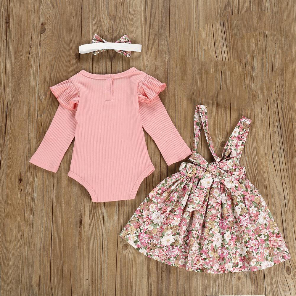 3Pcs Baby Meisje Kleding Sets Roze Romper + Band Jurk + Hoofdbanden Bloemenprint Pasgeboren Kleding Outfit Baby kleding Set