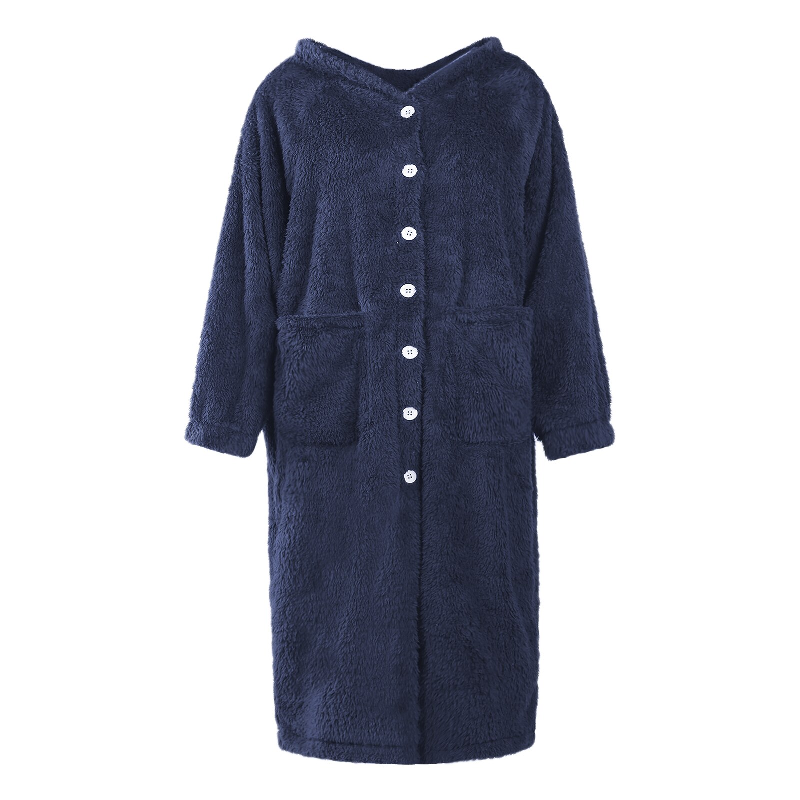 Women Pajamas Solid Color Plush Fleece Dual Pocket Button Up Hooded Robe Long Sleeve One-Piece Winter Nightwear Sleepwear: Blue / S