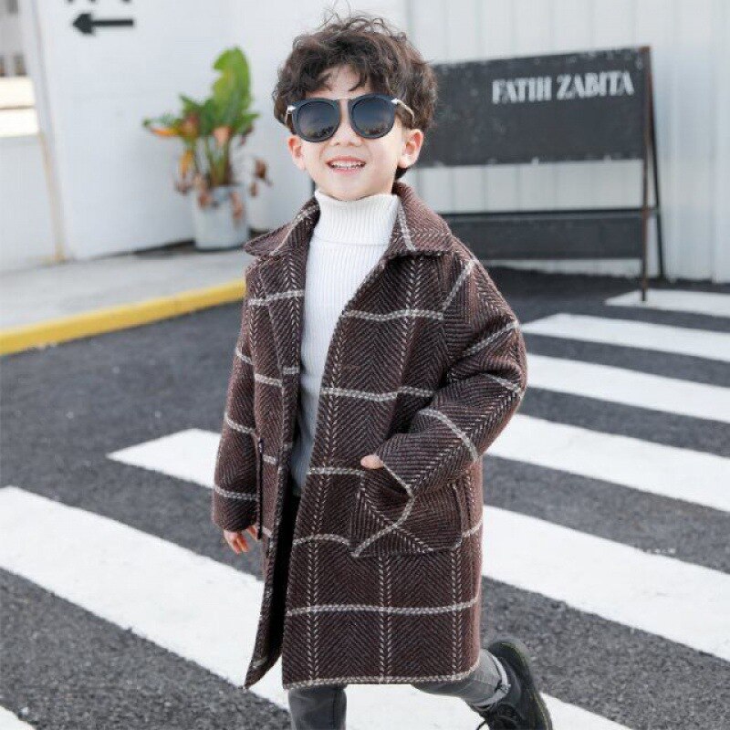 Abrigo de lana para niños, chaqueta gruesa a cuadros para otoño e invierno, abrigo largo de lana de un solo pecho: Brown / 4T