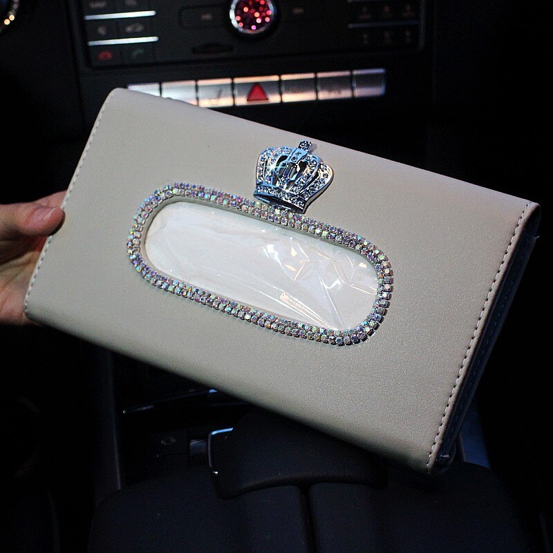 Moda couro do plutônio caixa de tecido do carro viseira sol bling diamante cisne coroa tecido titular caixa para acessórios do carro meninas