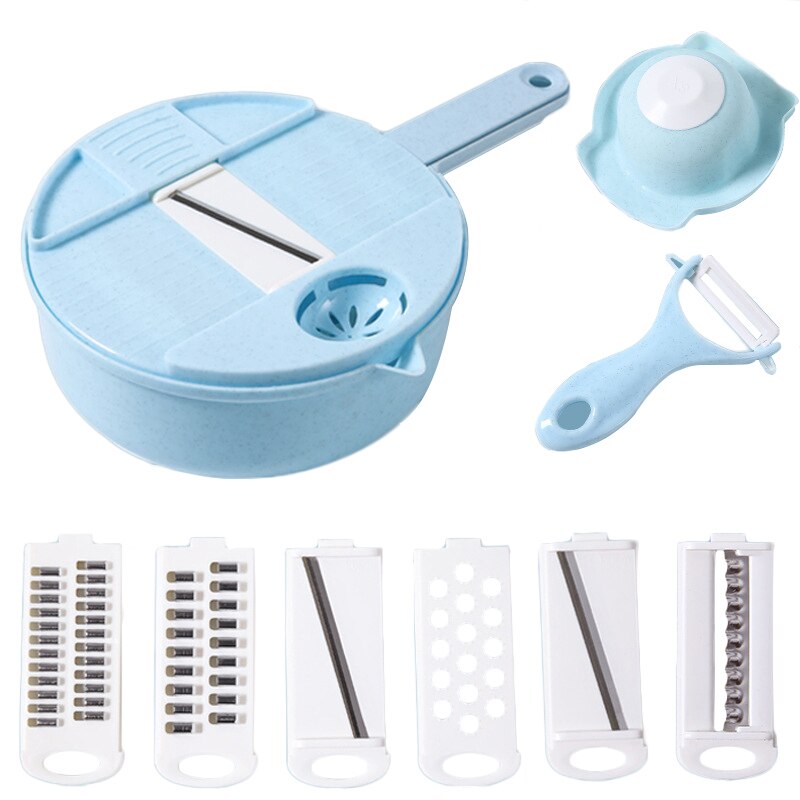 1 set multifunctionele groentesnijder met afdruipmand keukengereedschap fruit groentesnijder groente rasp dunschiller: Blauw