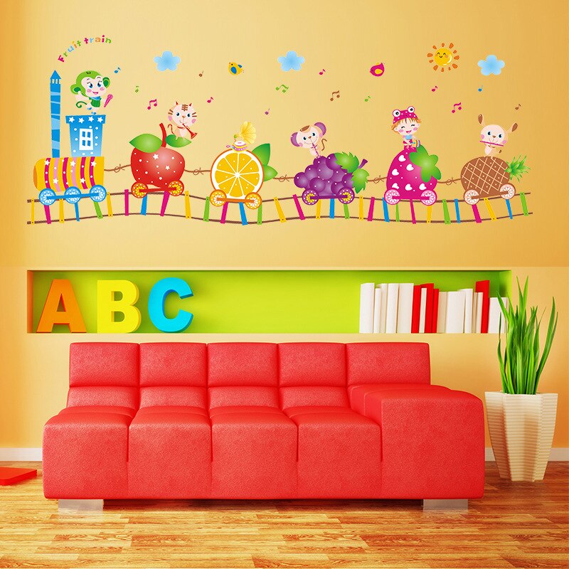 Tegneserie frugt tog væg klistermærker til børneværelse børn soveværelse børnehave boligindretning vinyl aftagelige kunstmalerier vægoverføringsbilleder