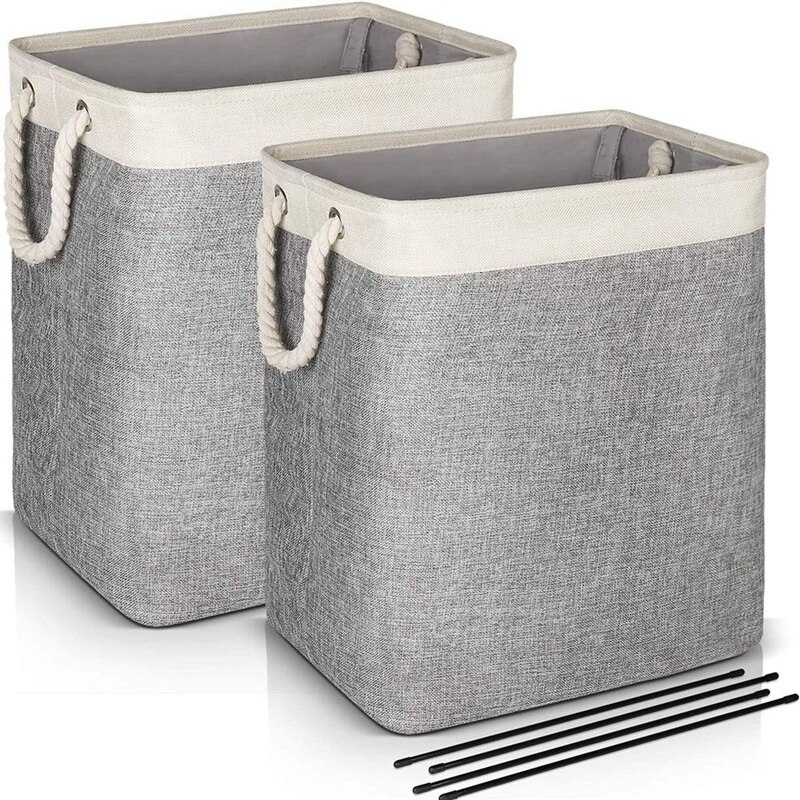 Cesto per biancheria con manici confezione da 2, cestini per biancheria pieghevoli in lino fodera integrata con staffe staccabili: Grey