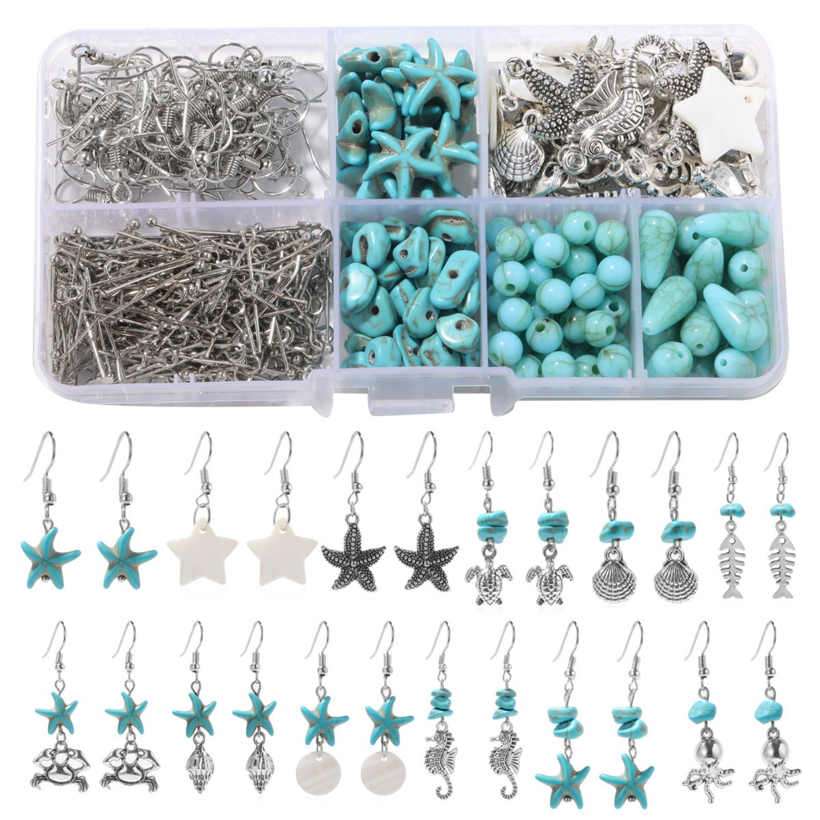 Bohhemian Handgemaakte Sieraden Kits Groen Blauw Marine Steen Kralen Animal Shell Zeester Hangers Sieraden Oorbellen Haken Diy Sieraden