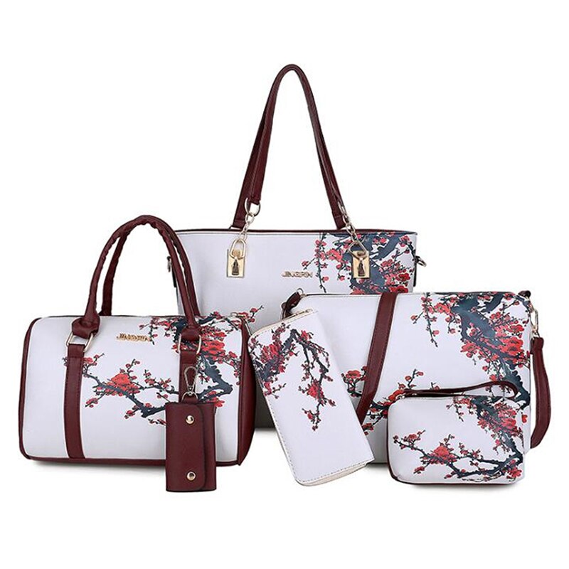 Skulderveske for kvinner dameveske 6 -delt sett med lærvesker i kinesisk stil clutch lommebok komposittveske crossbody: Hvit