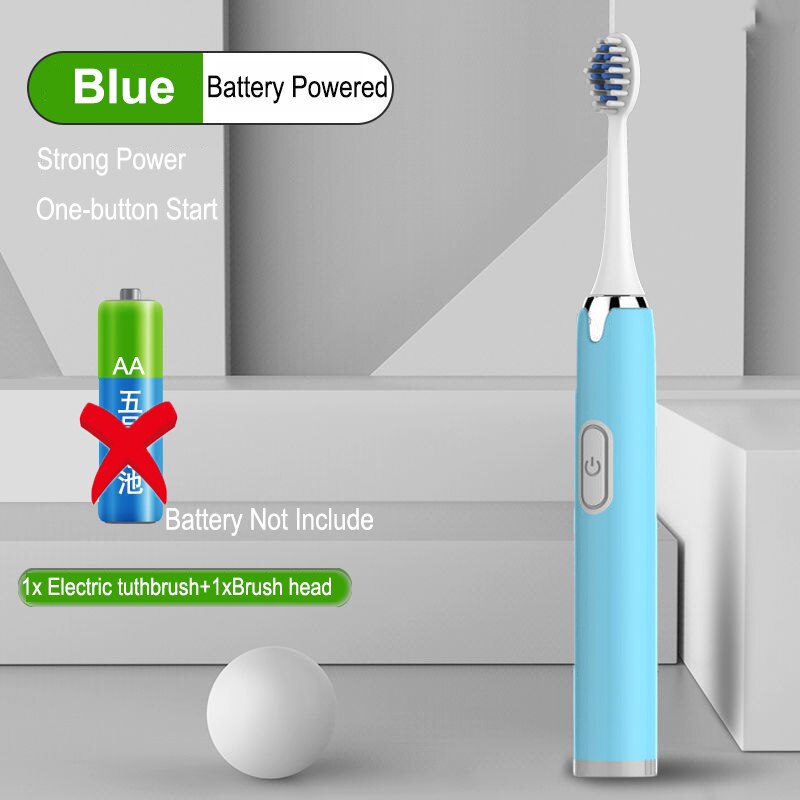 Electric Toothbrush Battery Power Washable Whitening Relax Teeth Brush Ultrasonic Electric Toothbruth USB Rechargeable Adult: Blue 1 head