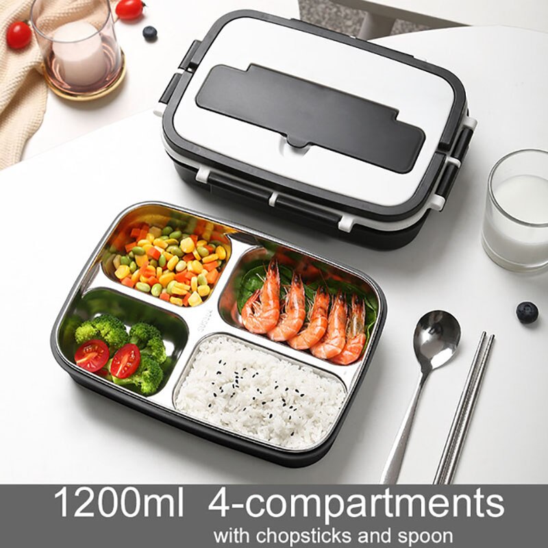 Oneup draagbare lunchbox 304 roestvrijstalen bentoboxen met servies, student verzegelde lekvrije grote capaciteit voedselcontainer: Zwarte b