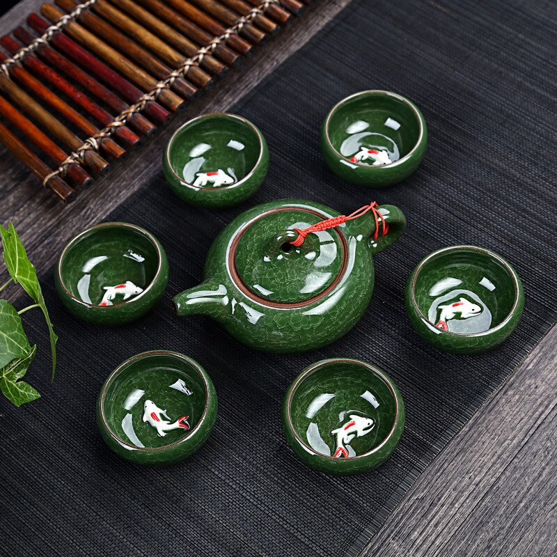 Celadon Fish Tea Set Ceramic Kettle Ceramic Tea Cup Fish Chinese Kung Fu Tea Chinese People Ceramic Kung Fu Tea Set JS22: dark green
