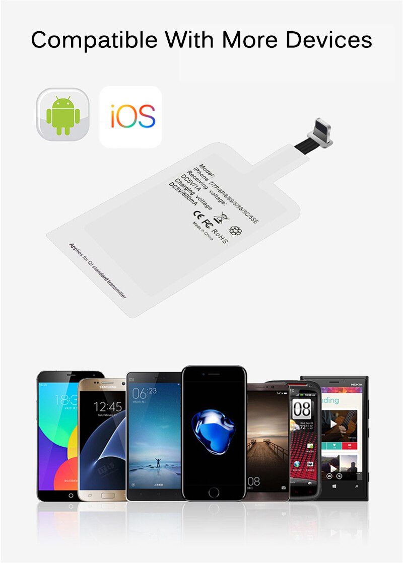 Receptor de carga inalámbrica Qi, adaptador de carga inductivo para iPhone 7,6,5, Samsung, Huawei tipo c, micro usb, conector básico Qi C