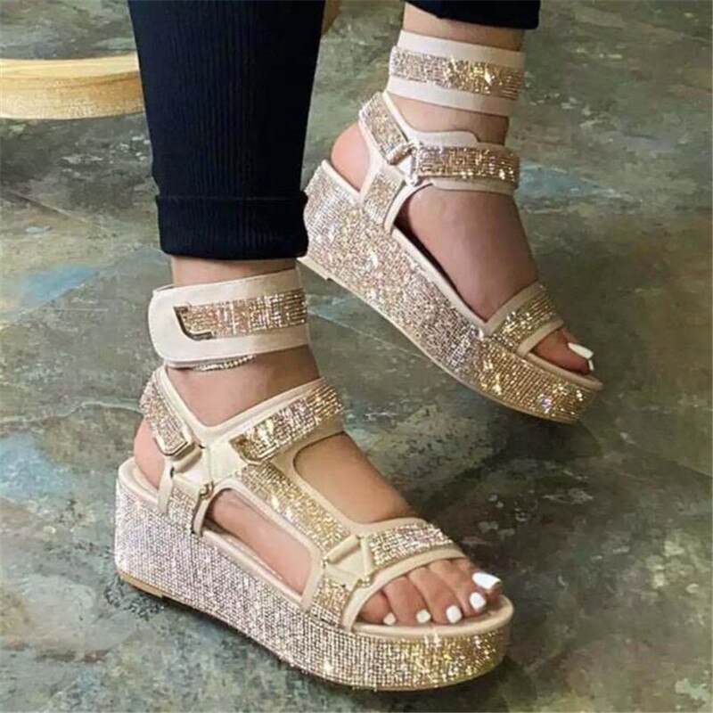 Høj-top rhinsten damesandaler sommer grænseoverskridende platform kiler sandaler pailletter rhinsten kantet mujer: Gylden / 7