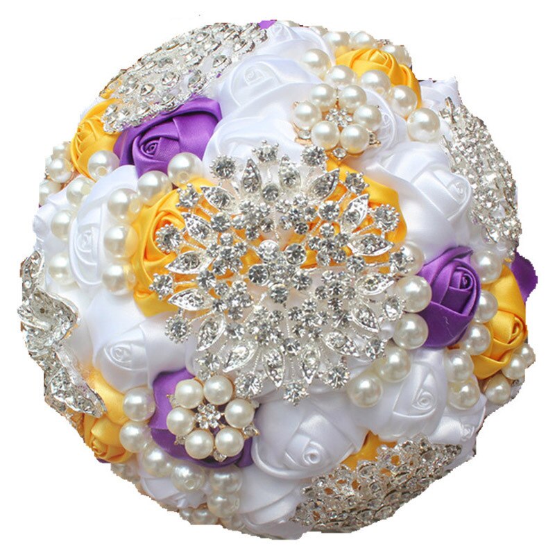 14 Colors 1Piece Ivory Flower Bouquet Stunning Pearls Beaded Crystal Bouquet De Mariage Wedding Flowers Bridal Bouquets: White Yellow Purple